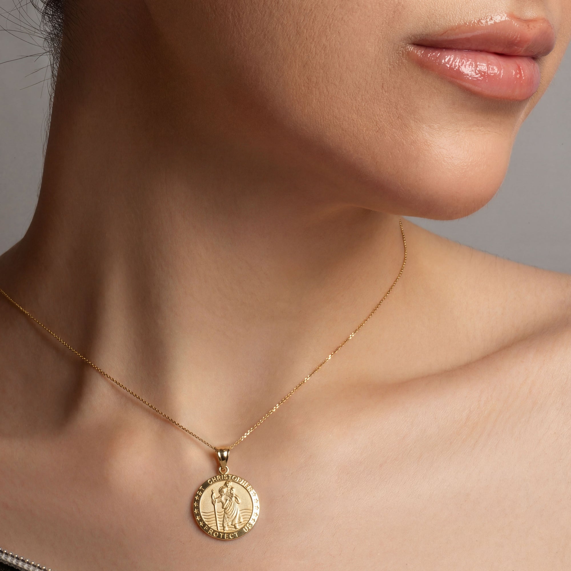 Gold Religious Patron Saint Christopher Protection Medallion Pendant Necklace, view 2