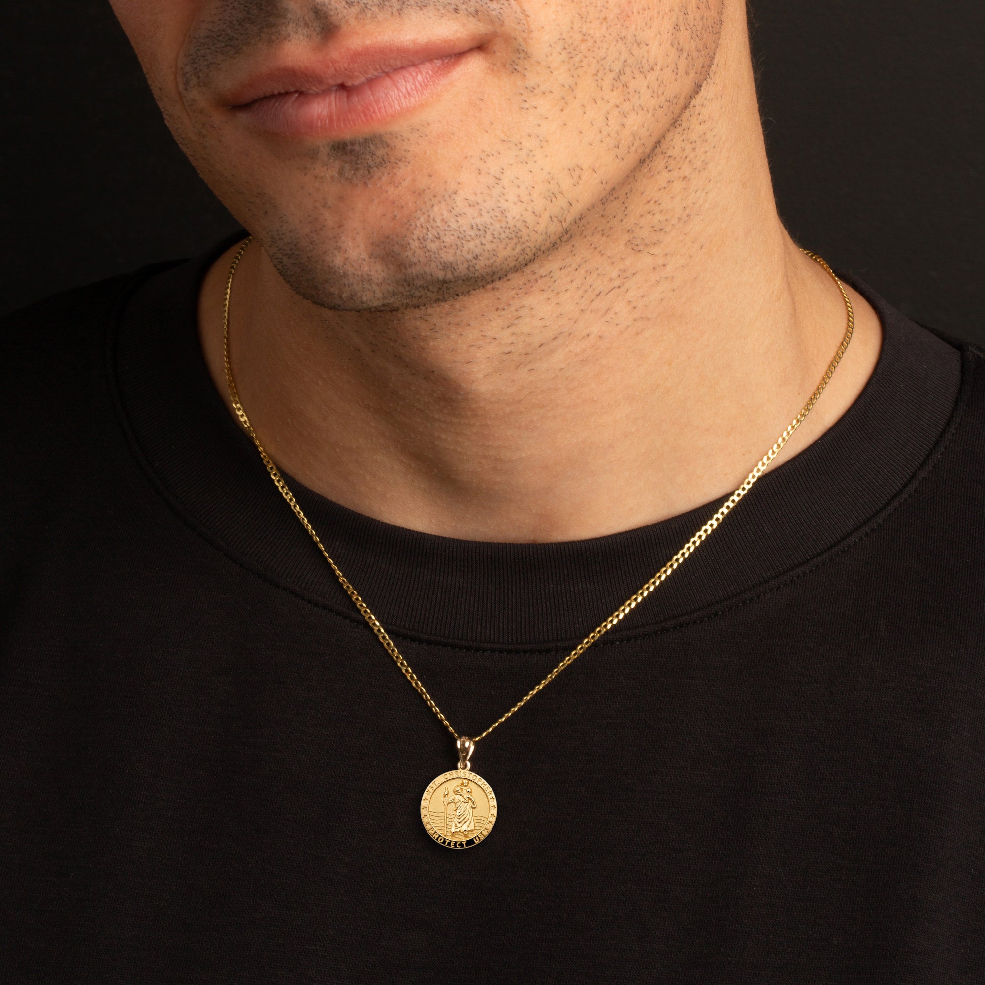 Gold Religious Patron Saint Christopher Protection Medallion Pendant Necklace, view 3