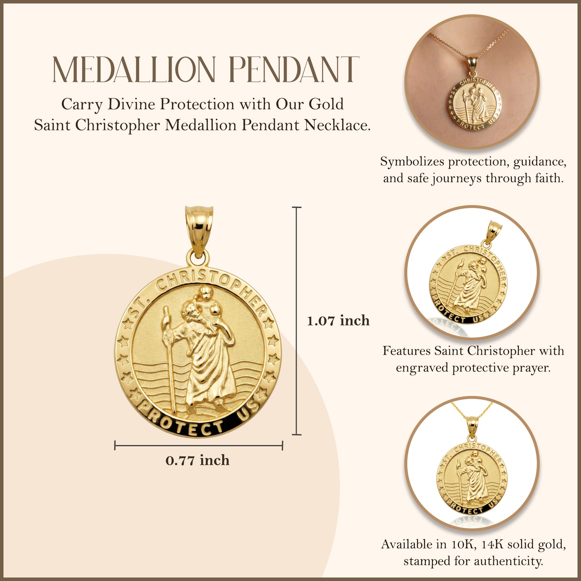 Gold Religious Patron Saint Christopher Protection Medallion Pendant Necklace, view 4