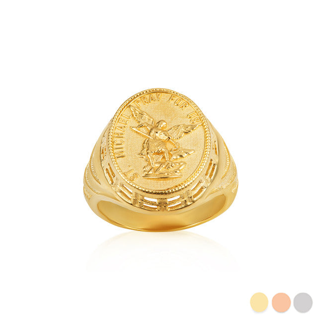 Gold Religious Patron Saint Michael Archangel Beaded Oval Signet Ring