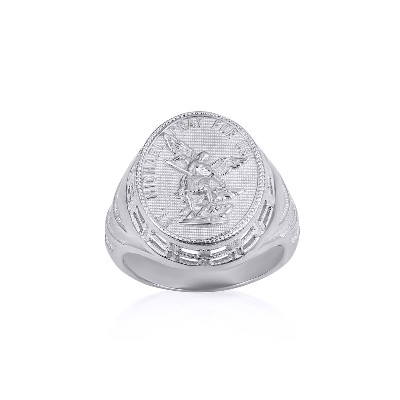 Gold Religious Patron Saint Michael Archangel Beaded Oval Signet Ring, view 3