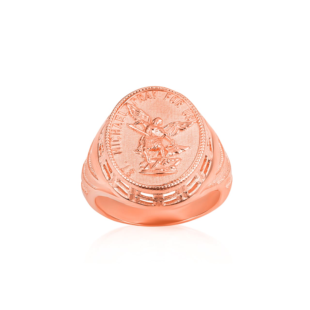 Gold Religious Patron Saint Michael Archangel Beaded Oval Signet Ring, view 4