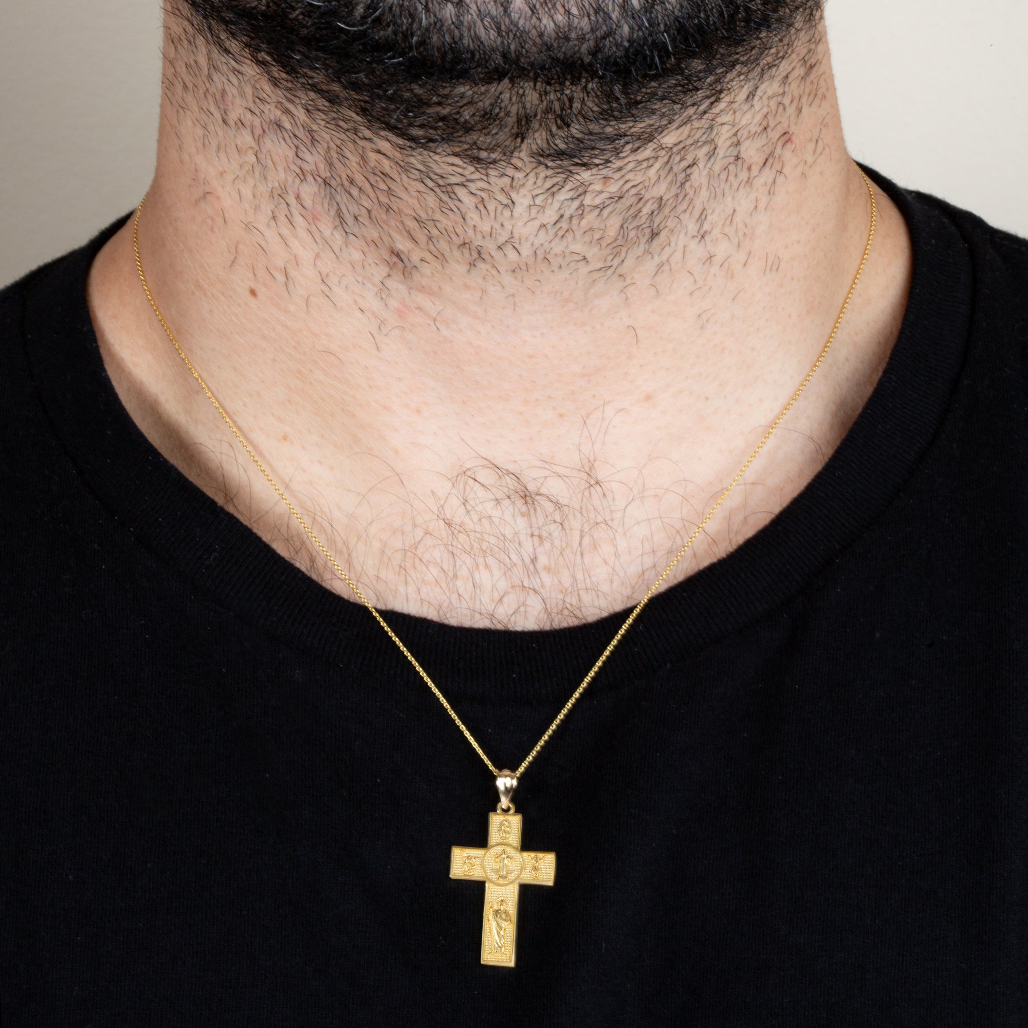 Gold Religious Patron Saints Beaded Cross Pendant Necklace, view 2