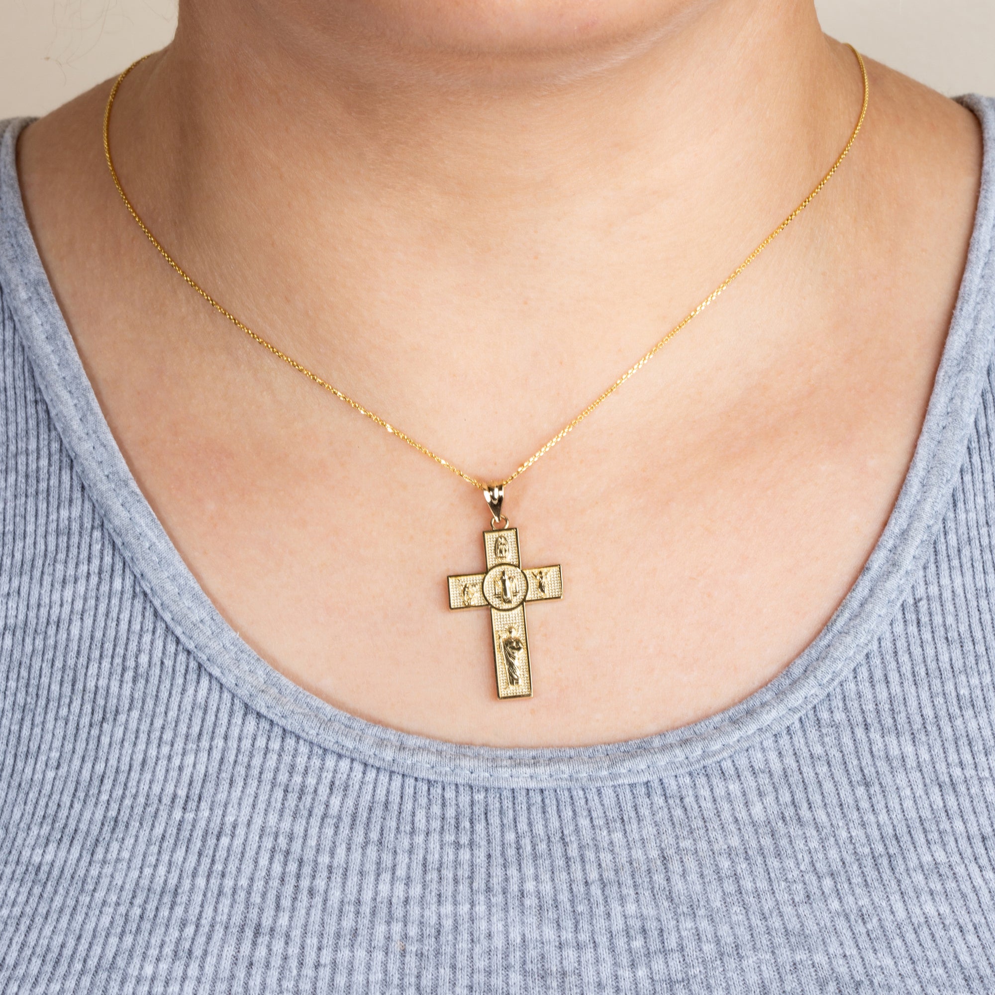 Gold Religious Patron Saints Beaded Cross Pendant Necklace, view 3