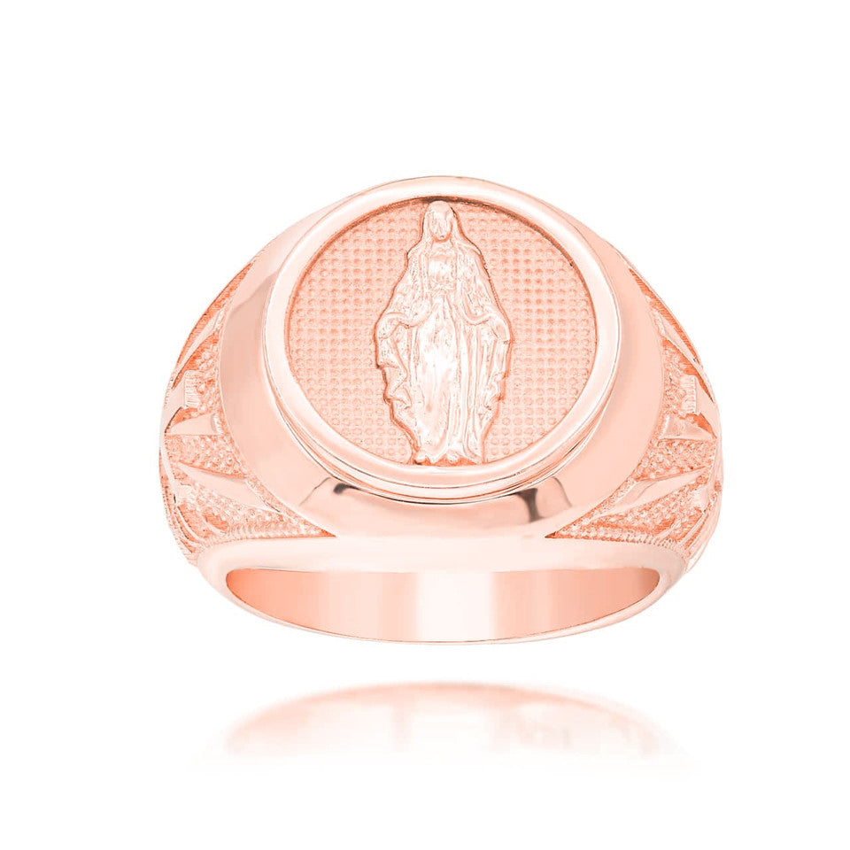 Gold Religious Virgin Mary Cross Beaded Signet Ring, view 6