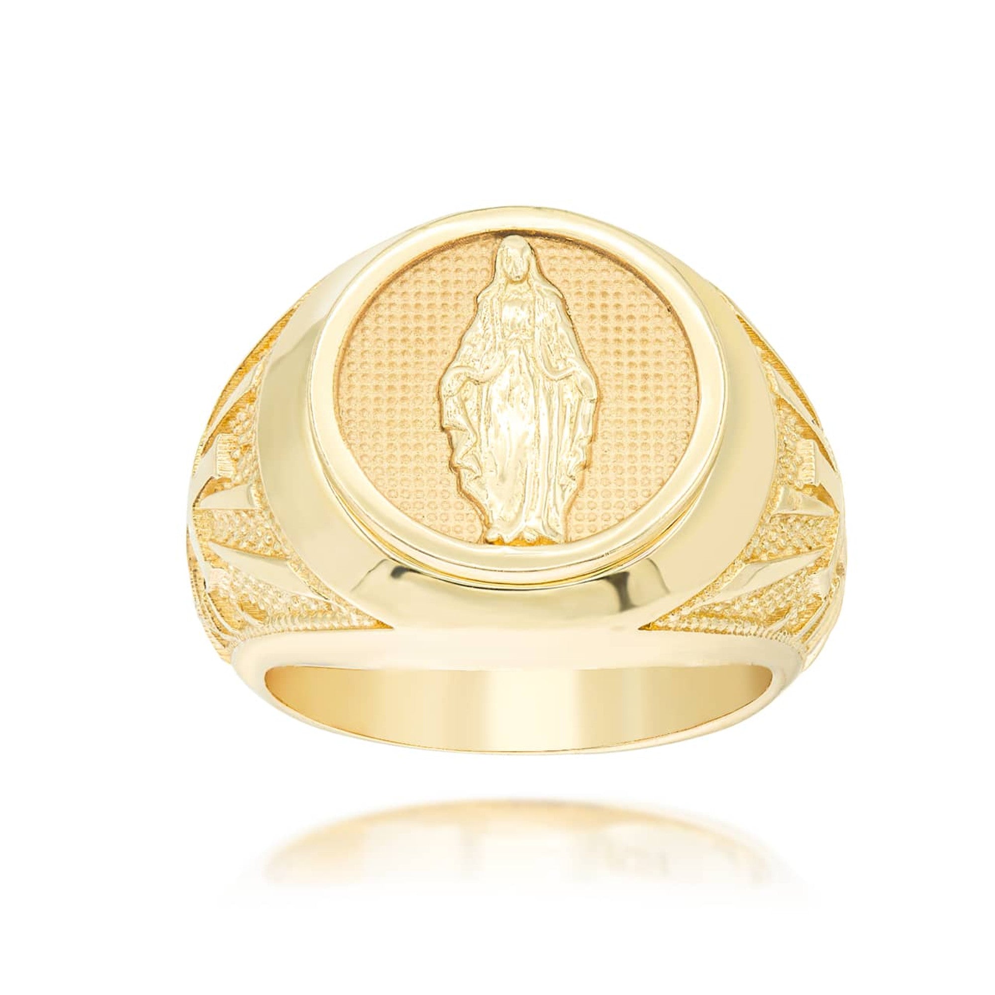 Gold Religious Virgin Mary Cross Beaded Signet Ring, view 8