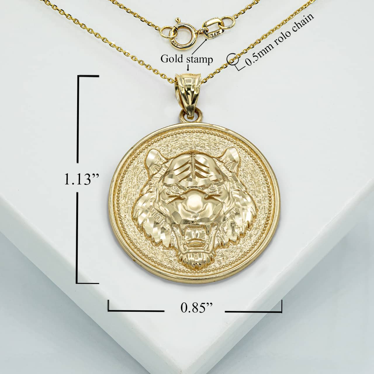 Gold Roaring Tiger Medallion Pendant Necklace, view 3