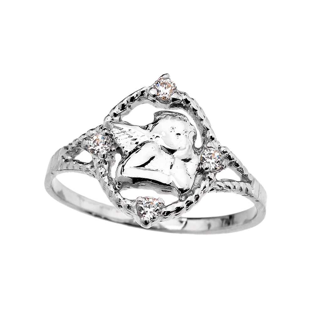 Gold Rope Design Angel with Cubic Zirconia Ladies Ring, view 3