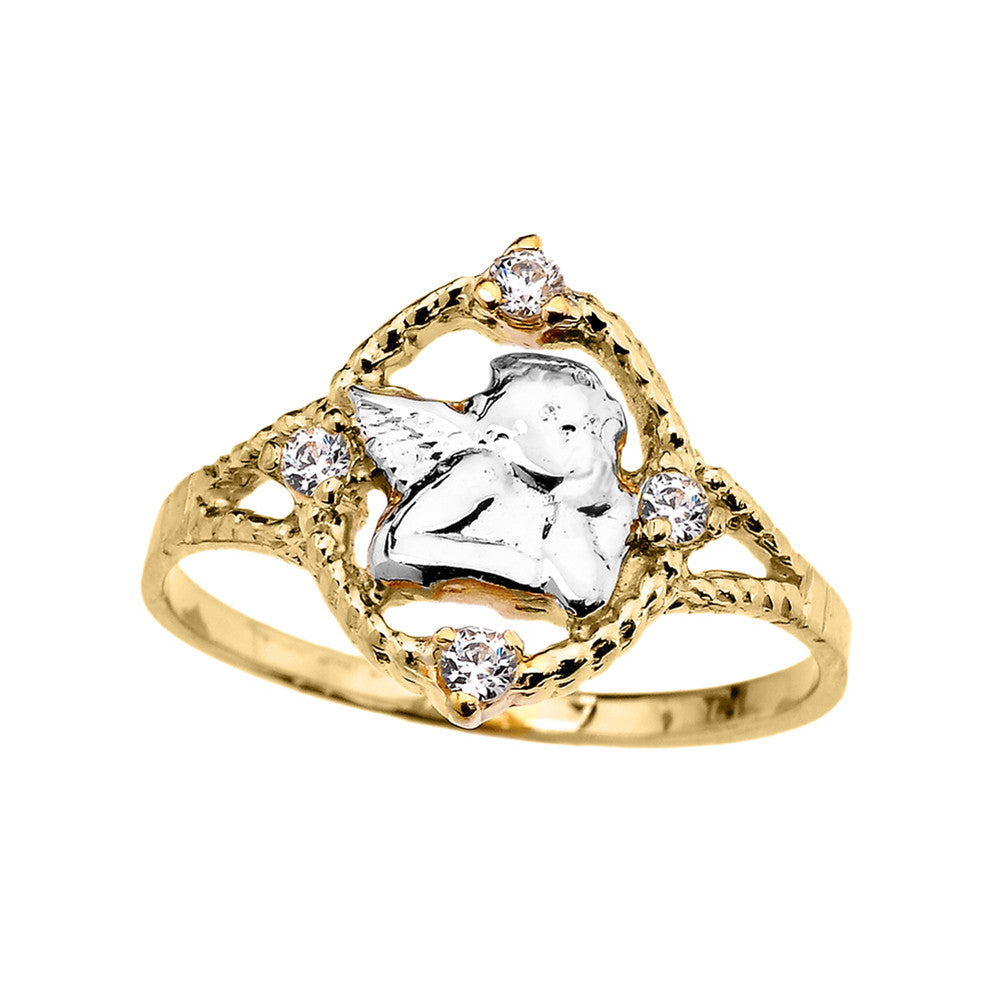 Gold Rope Design Angel with Cubic Zirconia Ladies Ring, view 4