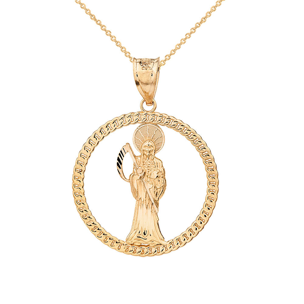 Gold Rope Frame Diamond Cut Santa Muerte Circle Pendant Necklace