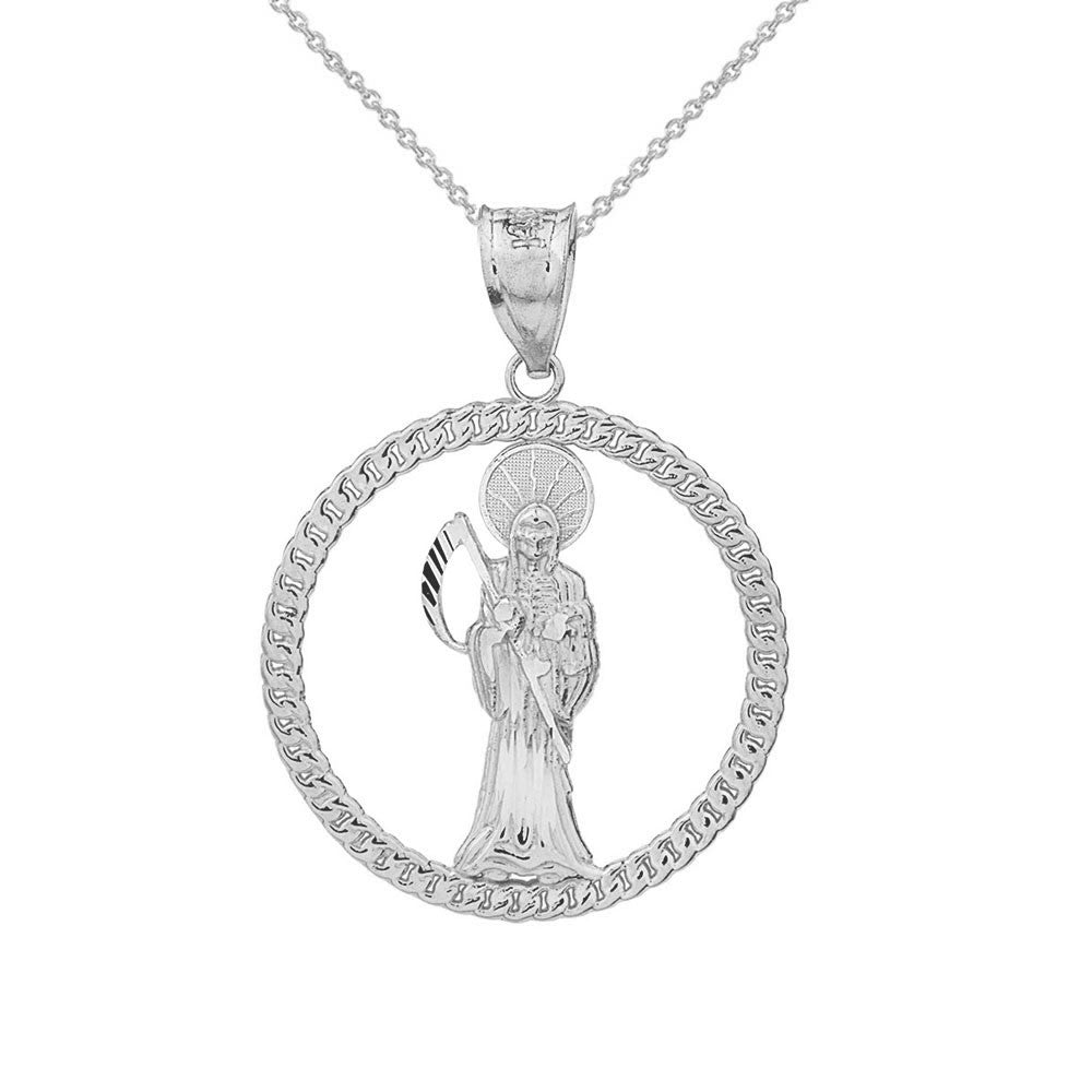 Gold Rope Frame Diamond Cut Santa Muerte Circle Pendant Necklace, view 3