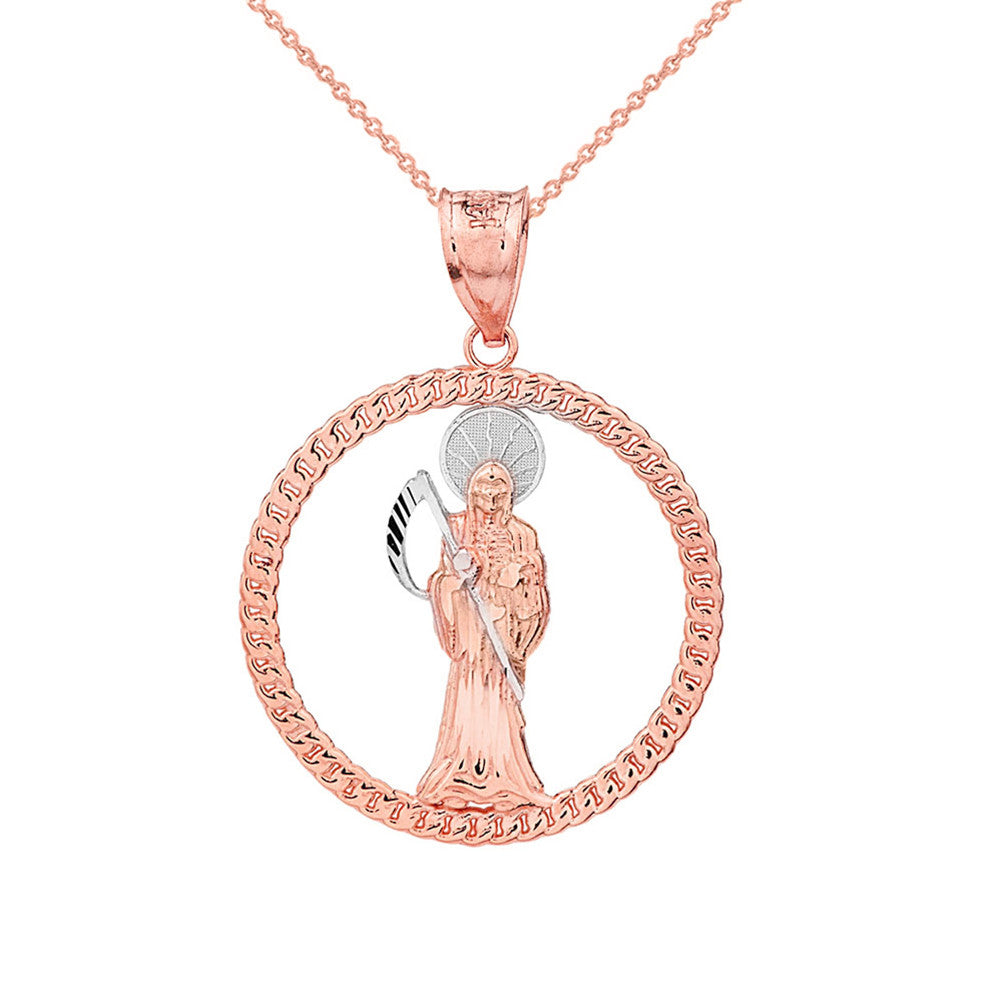 Gold Rope Frame Diamond Cut Santa Muerte Circle Pendant Necklace, view 4