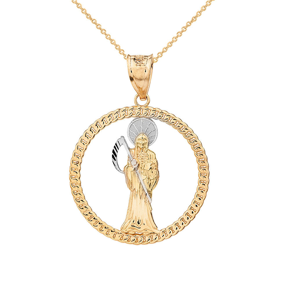 Gold Rope Frame Diamond Cut Santa Muerte Circle Pendant Necklace, view 5