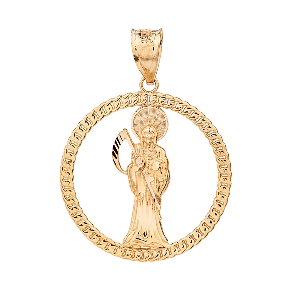 Gold Rope Frame Diamond Cut Santa Muerte Circle Pendant Necklace, view 6