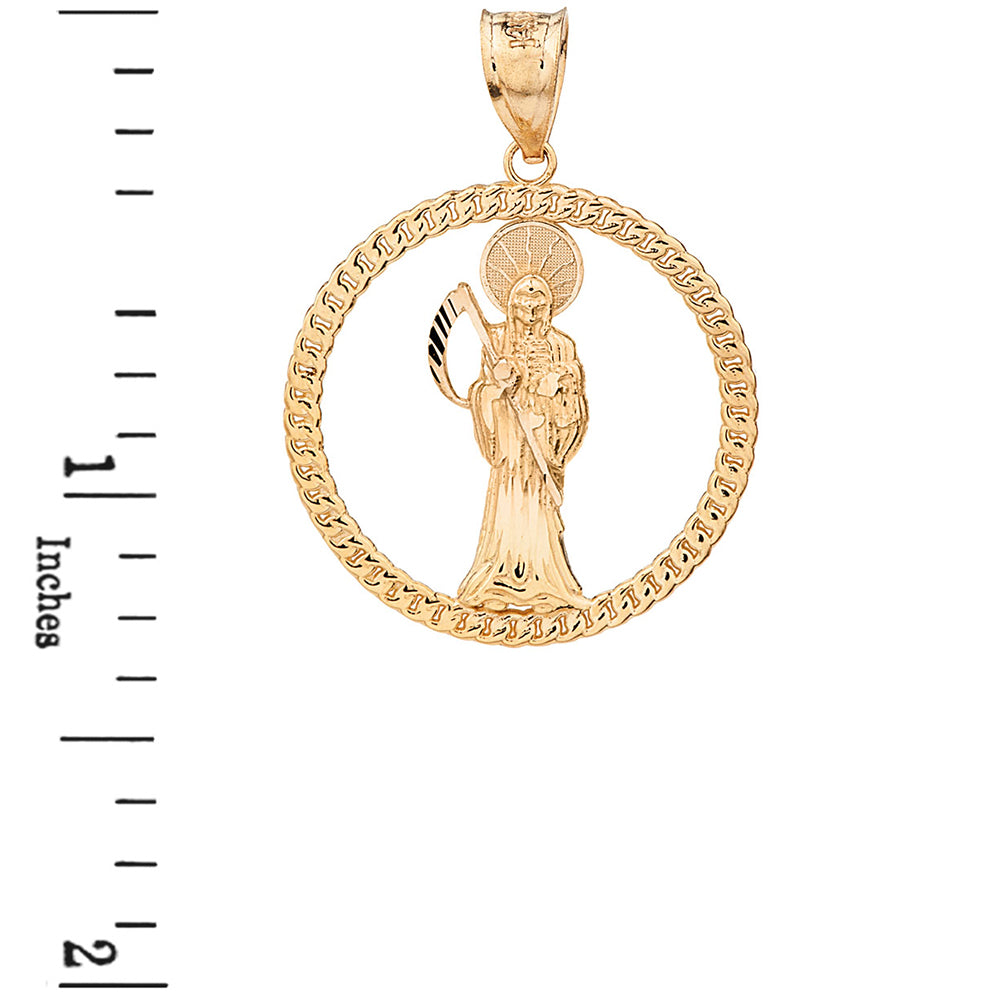 Gold Rope Frame Diamond Cut Santa Muerte Circle Pendant Necklace, view 7