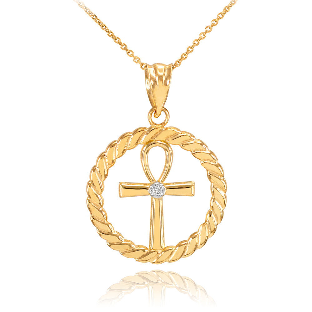 Gold Roped Circle Egyptian Ankh Cross with Diamond Pendant Necklace