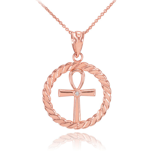 Gold Roped Circle Egyptian Ankh Cross with Diamond Pendant Necklace, view 2