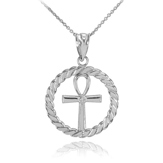 Gold Roped Circle Egyptian Ankh Cross with Diamond Pendant Necklace, view 3