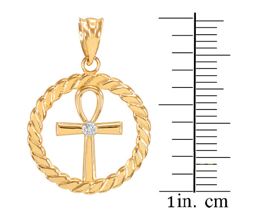 Gold Roped Circle Egyptian Ankh Cross with Diamond Pendant Necklace, view 4