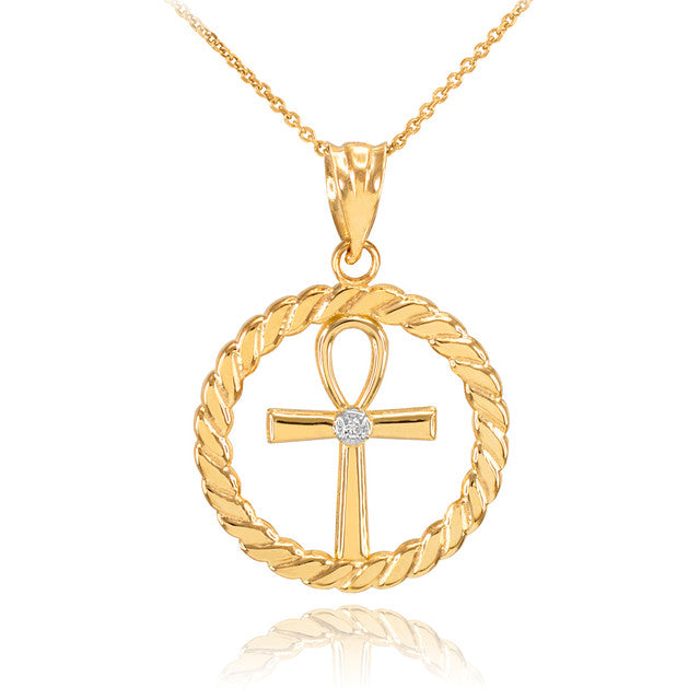 Gold Roped Circle Egyptian Ankh Cross with Diamond Pendant Necklace, view 5