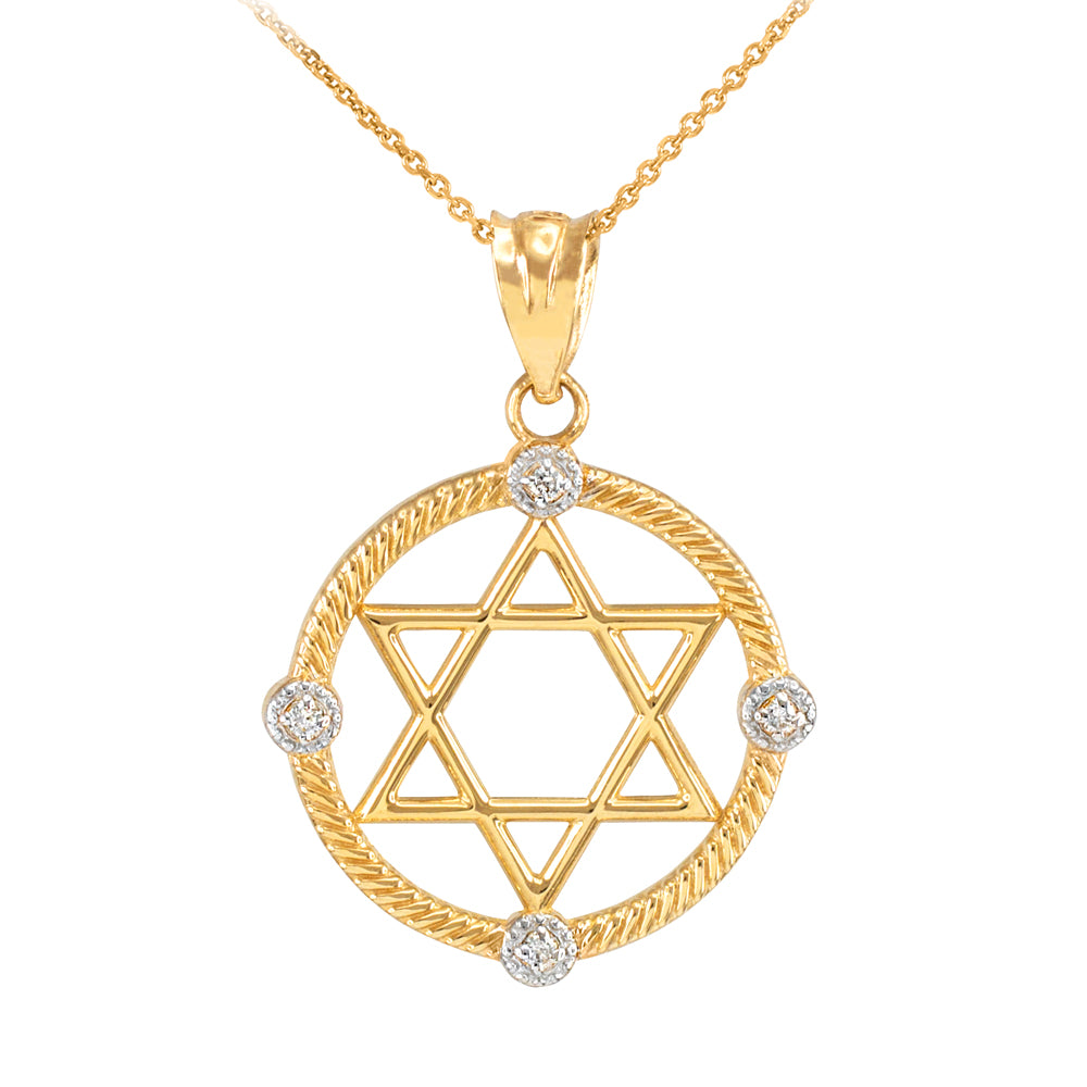 Gold Roped Circle Star of David with Diamond Pendant Necklace