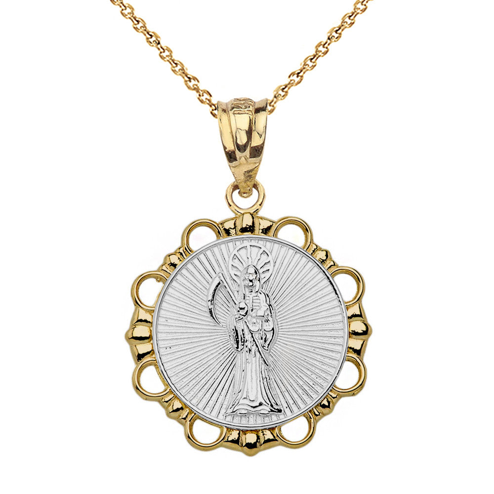 Gold Round Santa Muerte Pendant Necklace, view 10