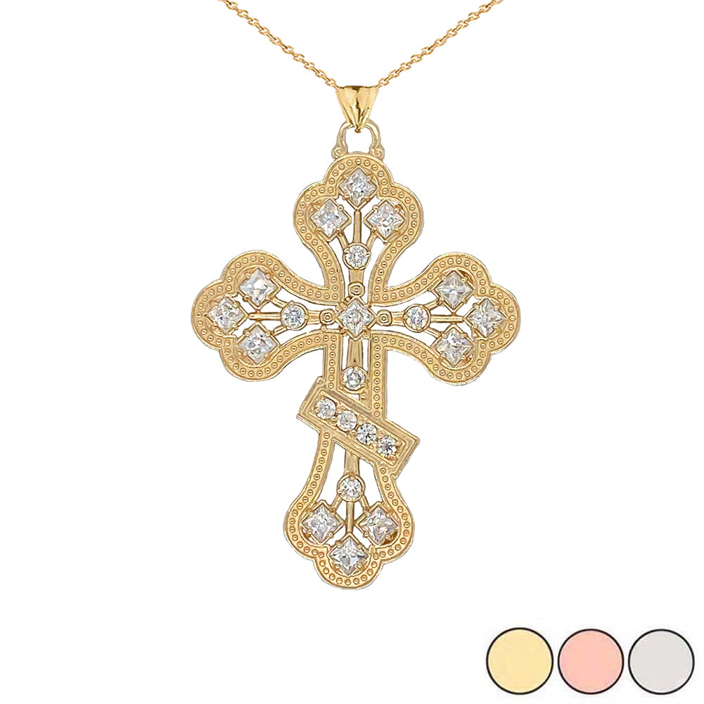 Gold Russian Orthodox Designer Cross Pendant Necklace