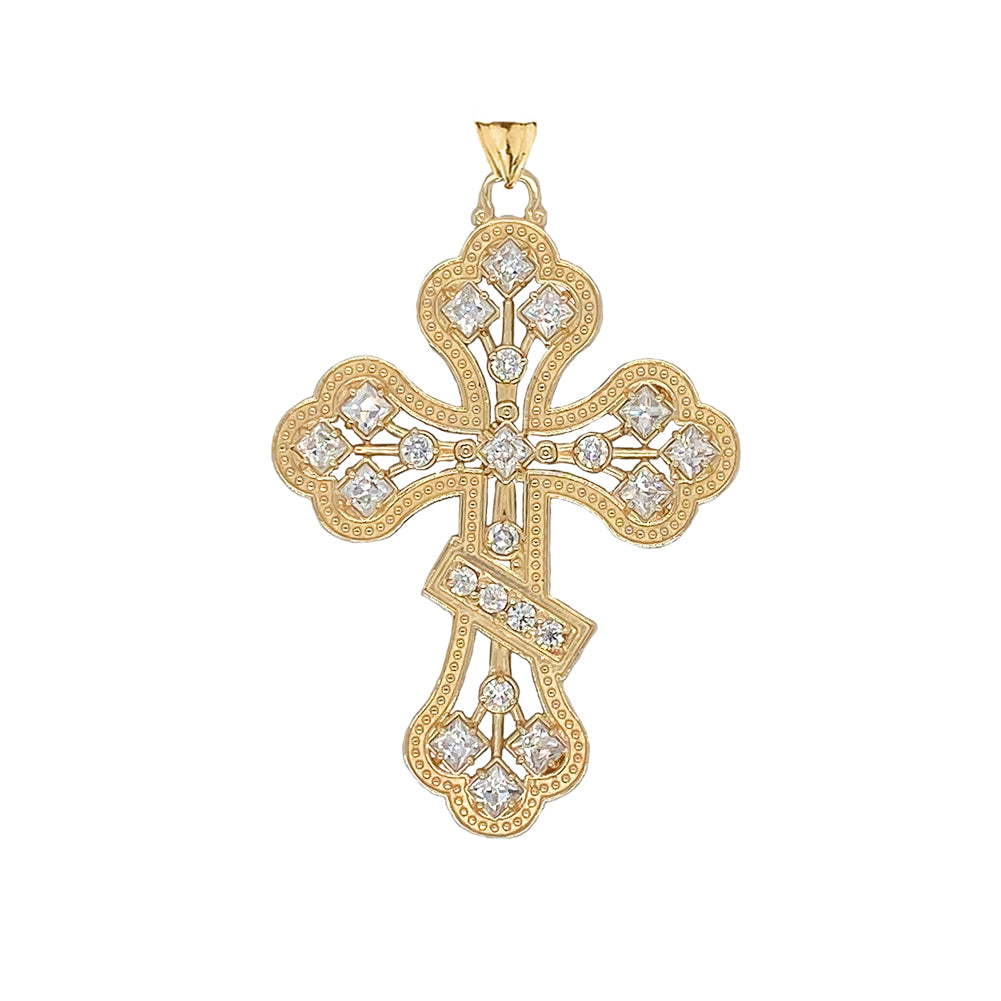 Gold Russian Orthodox Designer Cross Pendant Necklace, view 2