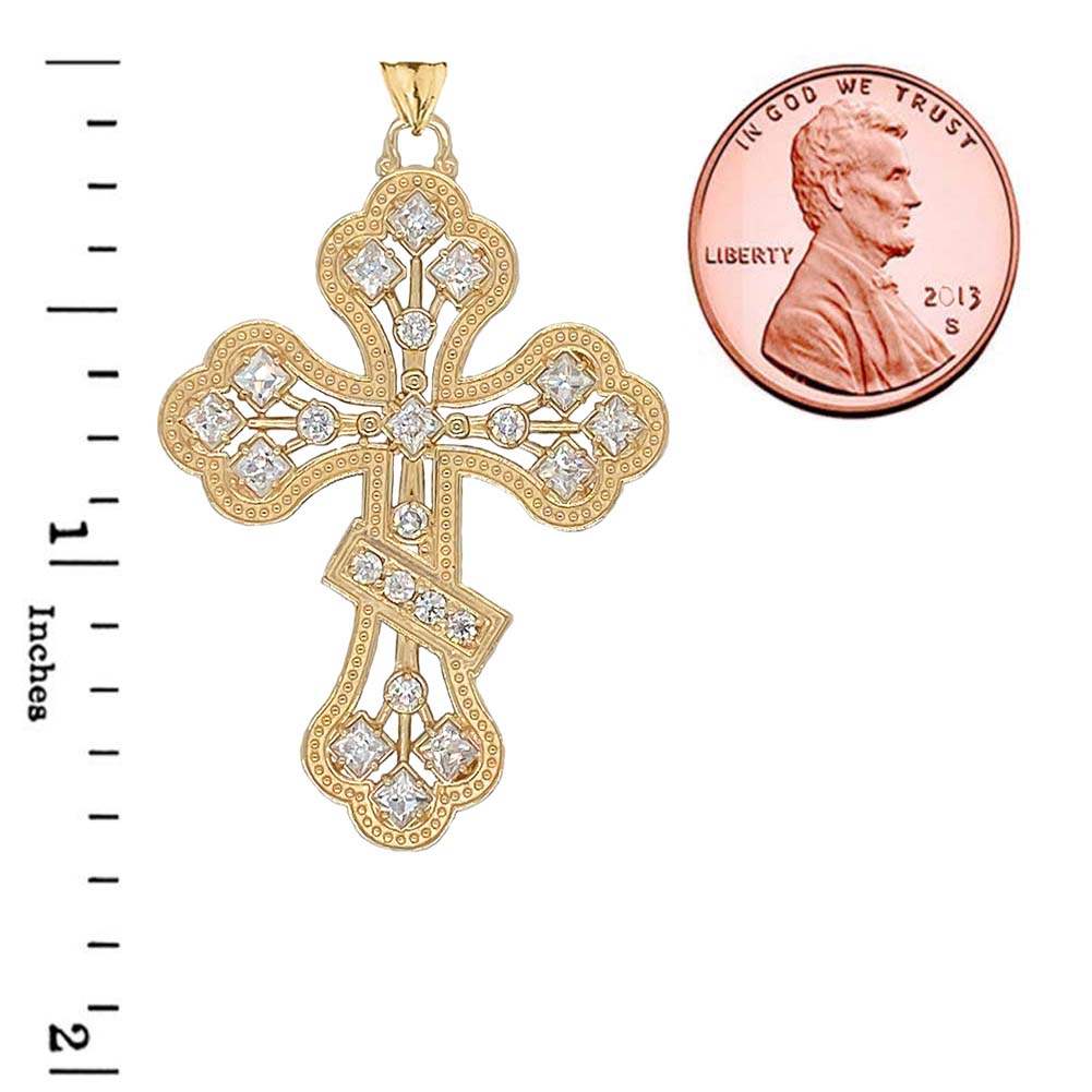 Gold Russian Orthodox Designer Cross Pendant Necklace, view 3