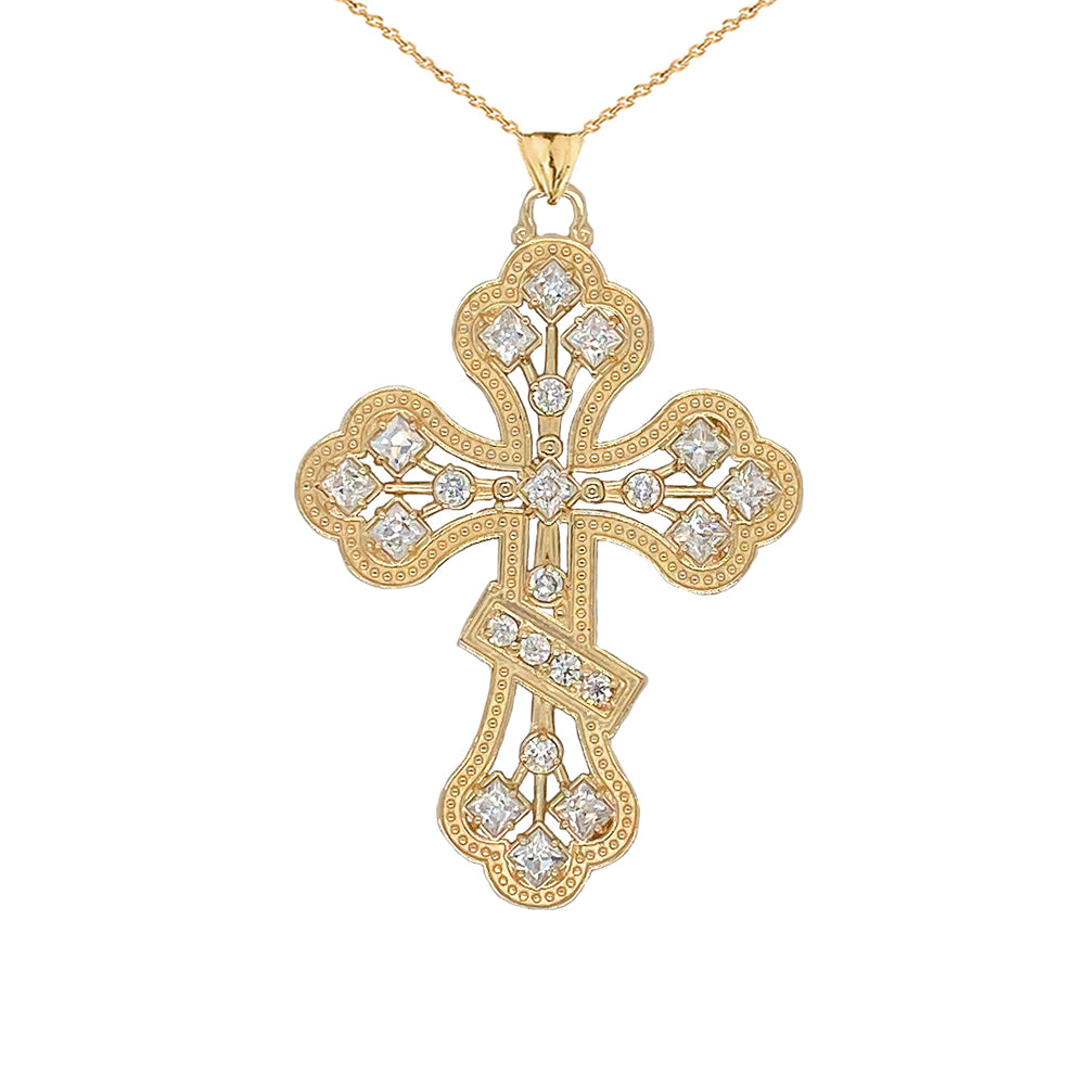 Gold Russian Orthodox Designer Cross Pendant Necklace, view 10