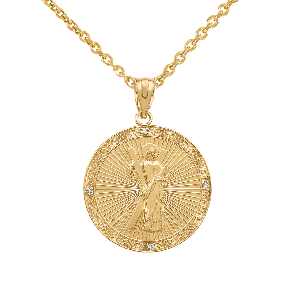 Gold Saint Andrew Circle Engravable Medallion Diamond Pendant Necklace (Small)
