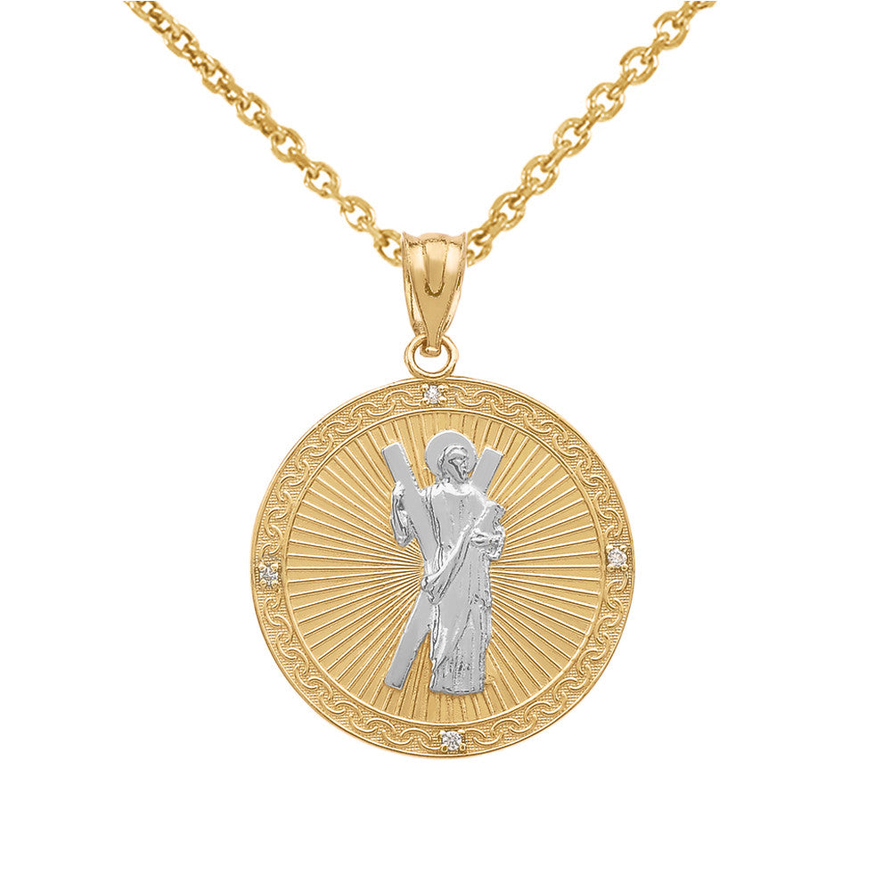 Gold Saint Andrew Circle Engravable Medallion Diamond Pendant Necklace (Small), view 2