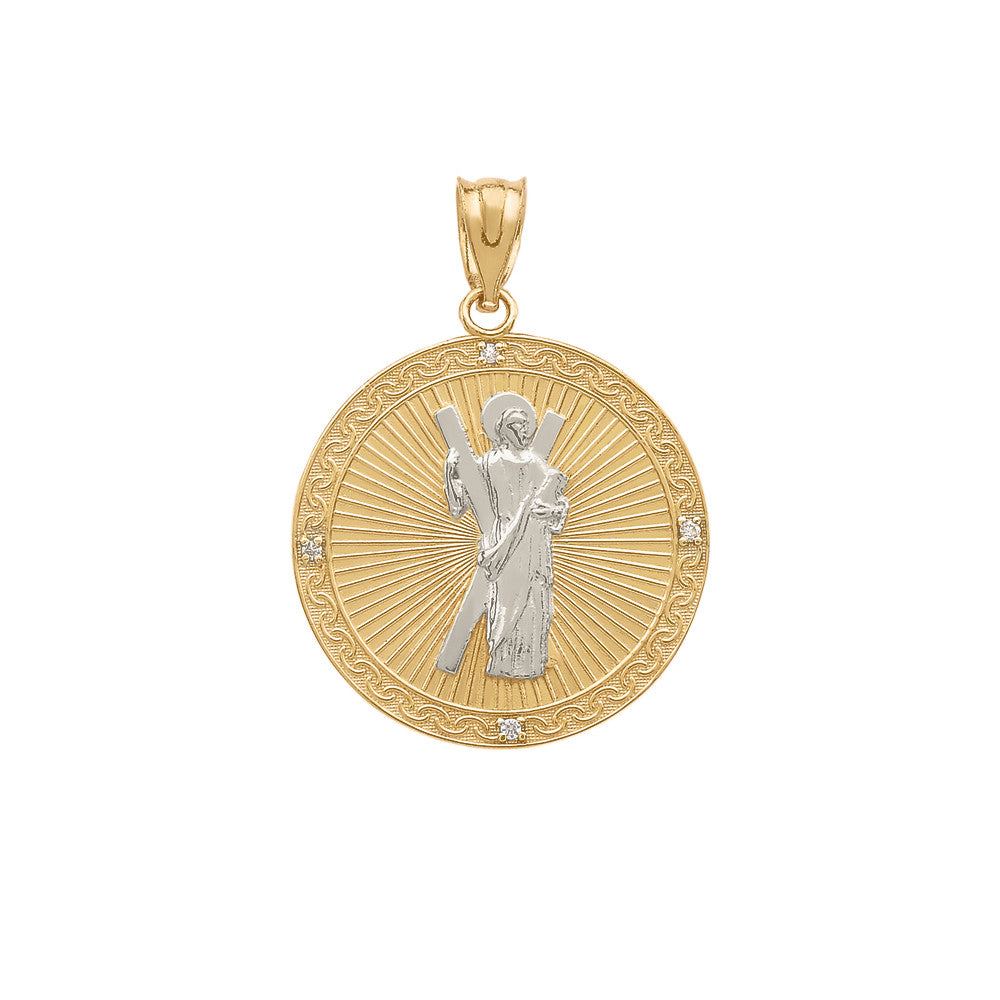 Gold Saint Andrew Circle Engravable Medallion Diamond Pendant Necklace (Small), view 3