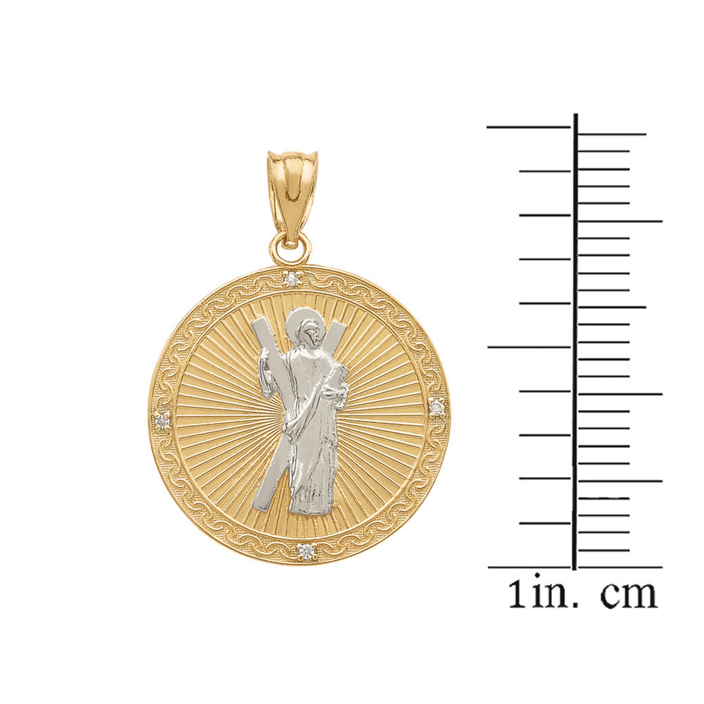 Gold Saint Andrew Circle Engravable Medallion Diamond Pendant Necklace (Small), view 4