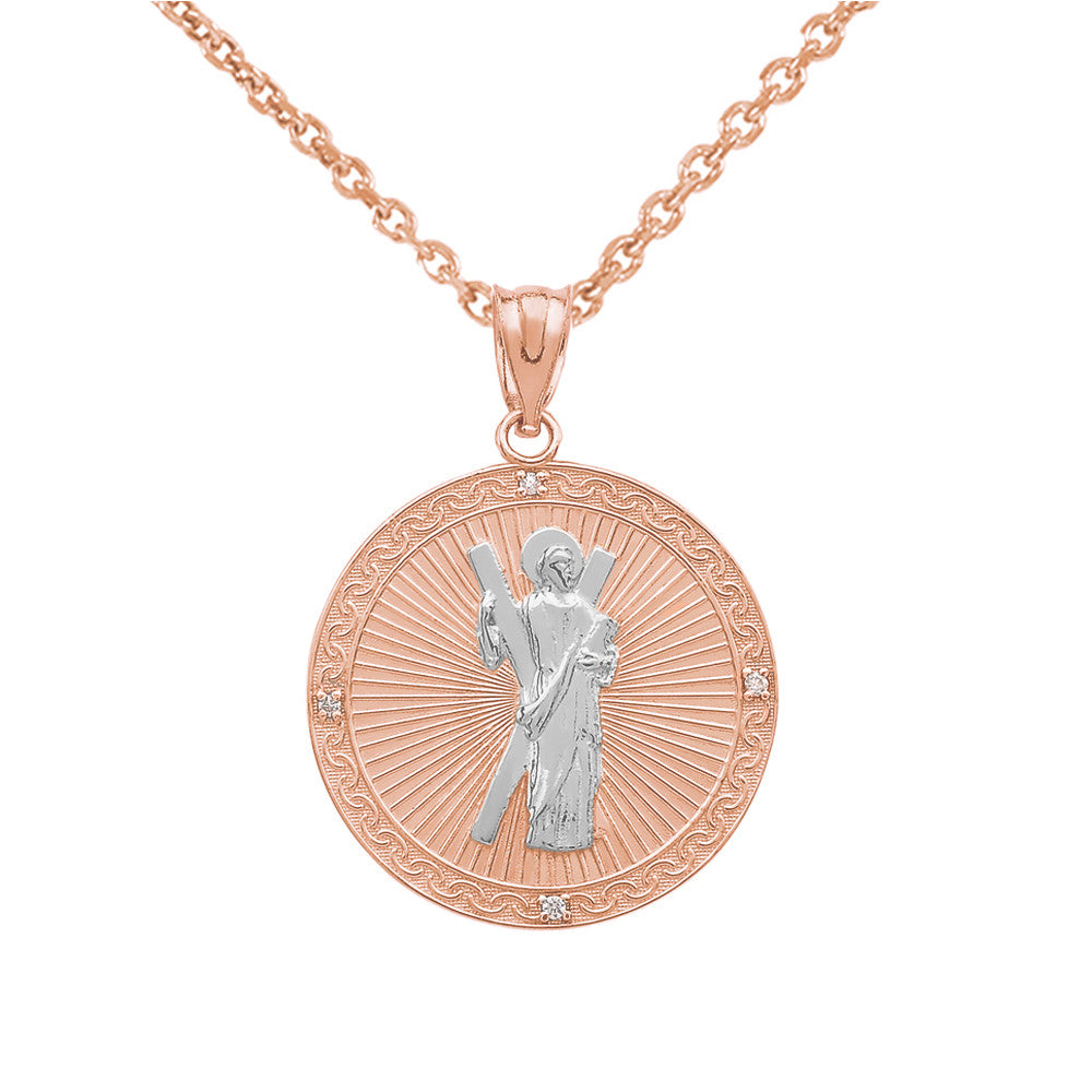 Gold Saint Andrew Circle Engravable Medallion Diamond Pendant Necklace (Small), view 5