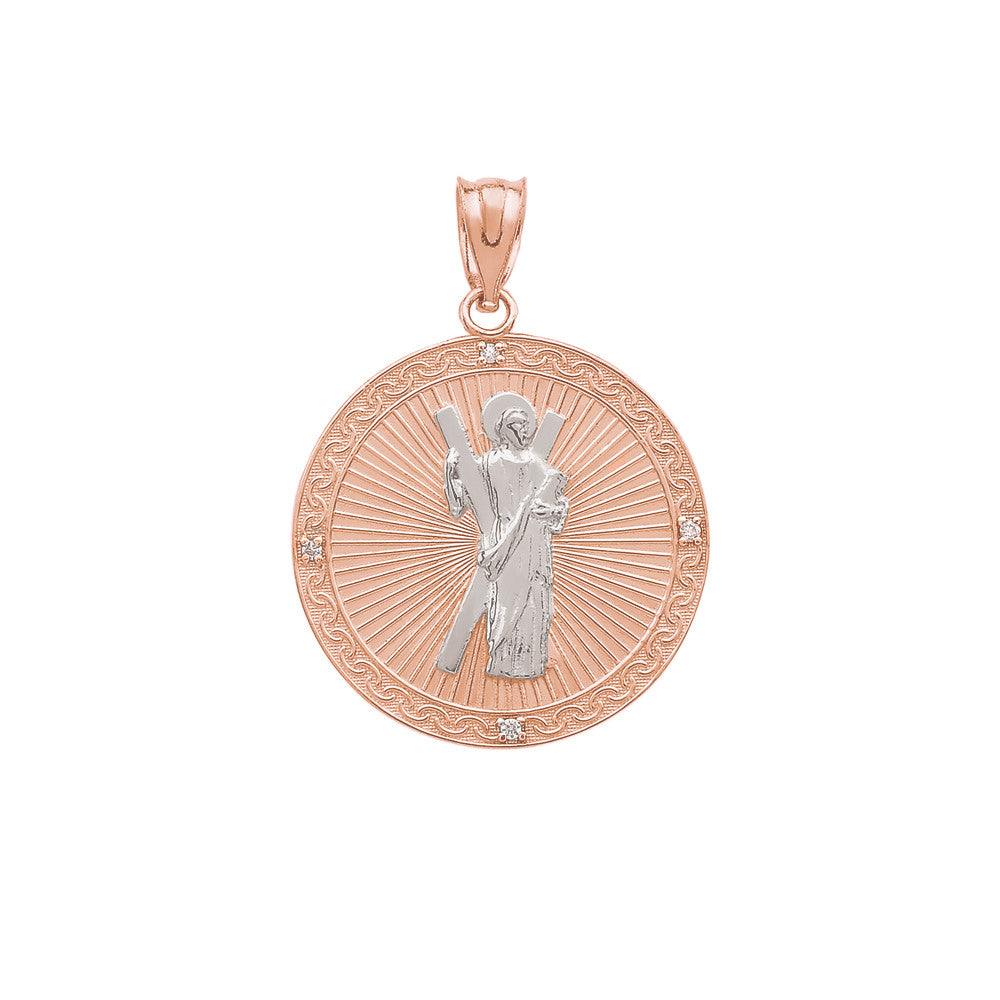 Gold Saint Andrew Circle Engravable Medallion Diamond Pendant Necklace (Small), view 6