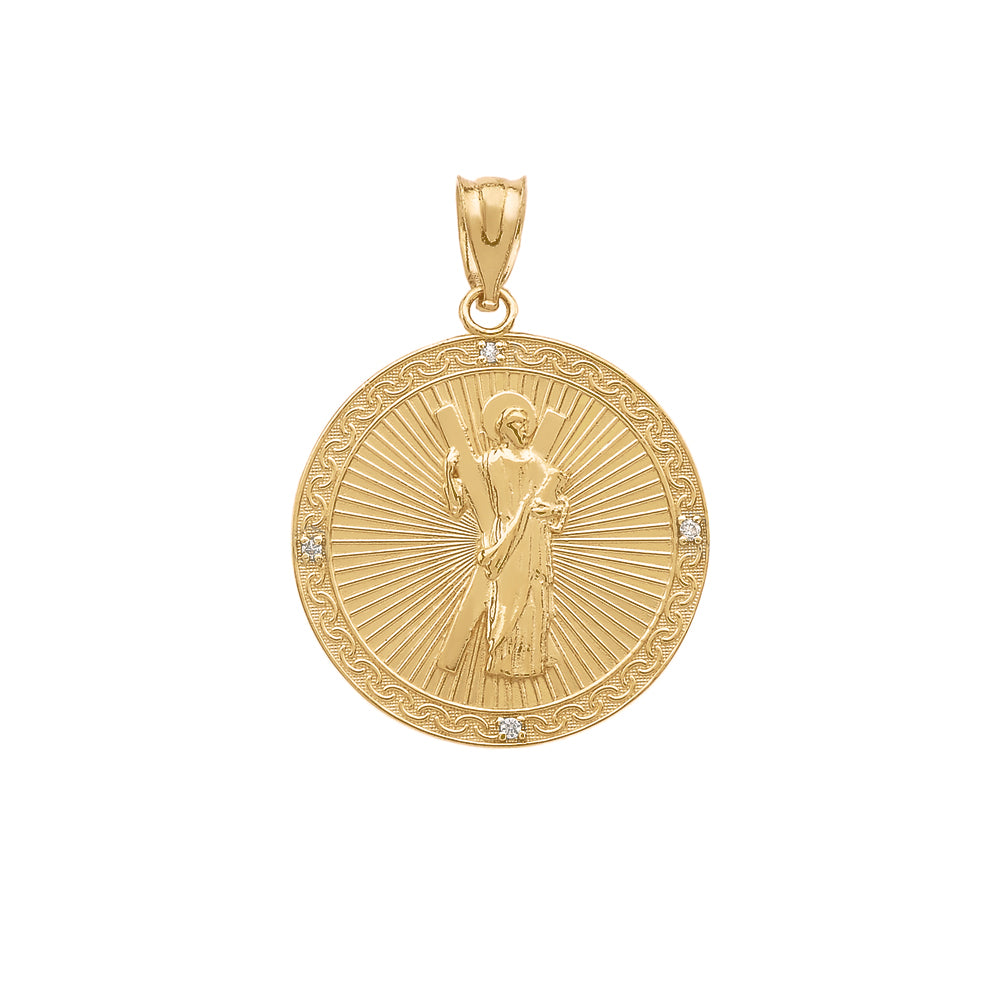 Gold Saint Andrew Circle Engravable Medallion Diamond Pendant Necklace (Small), view 8