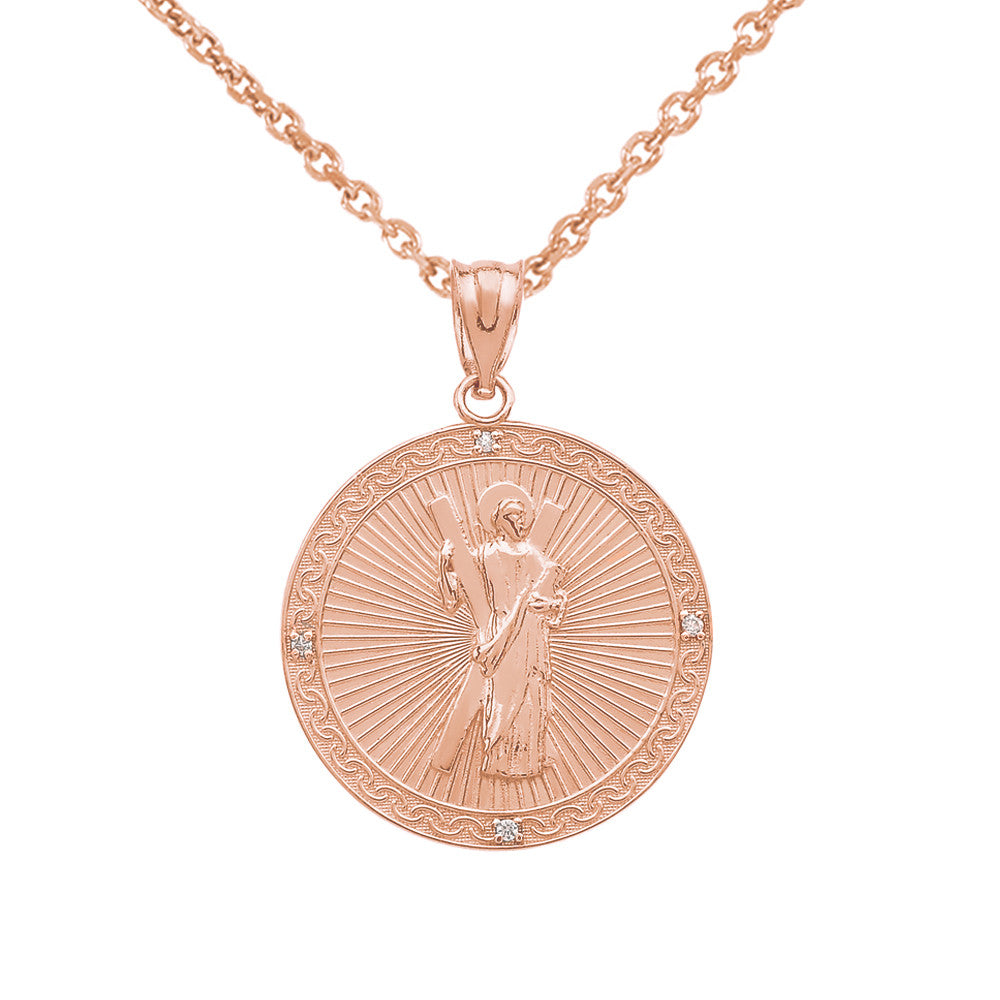 Gold Saint Andrew Circle Engravable Medallion Diamond Pendant Necklace (Small), view 10