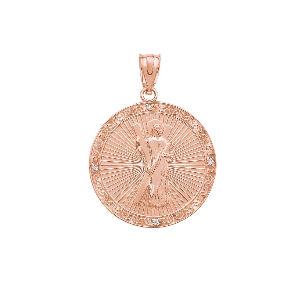Gold Saint Andrew Circle Engravable Medallion Diamond Pendant Necklace (Small), view 11