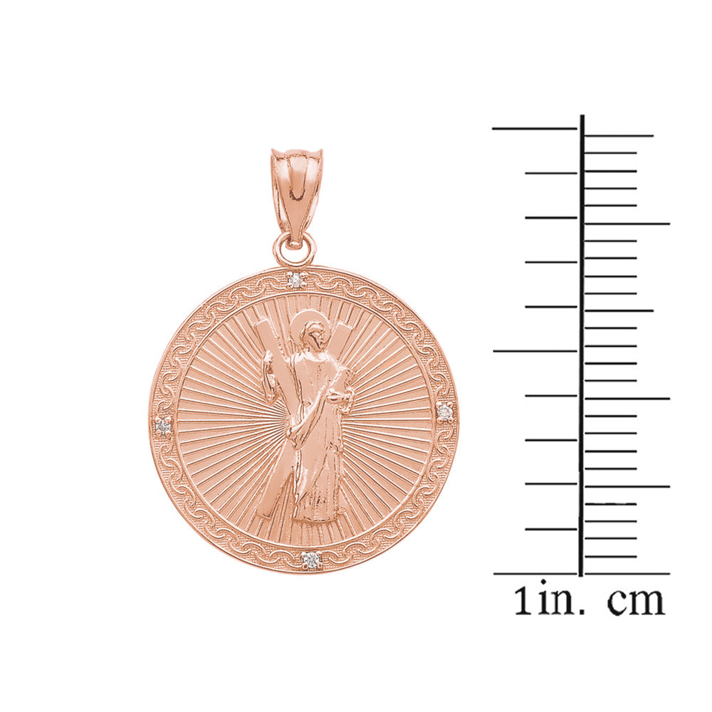 Gold Saint Andrew Circle Engravable Medallion Diamond Pendant Necklace (Small), view 12