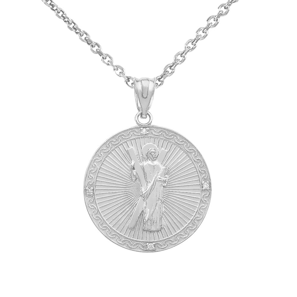 Gold Saint Andrew Circle Engravable Medallion Diamond Pendant Necklace (Small), view 13