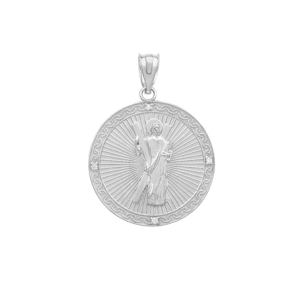 Gold Saint Andrew Circle Engravable Medallion Diamond Pendant Necklace (Small), view 14