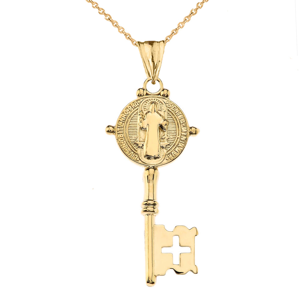 Gold Saint Benedict Double Sided Cross Key Pendant Necklace