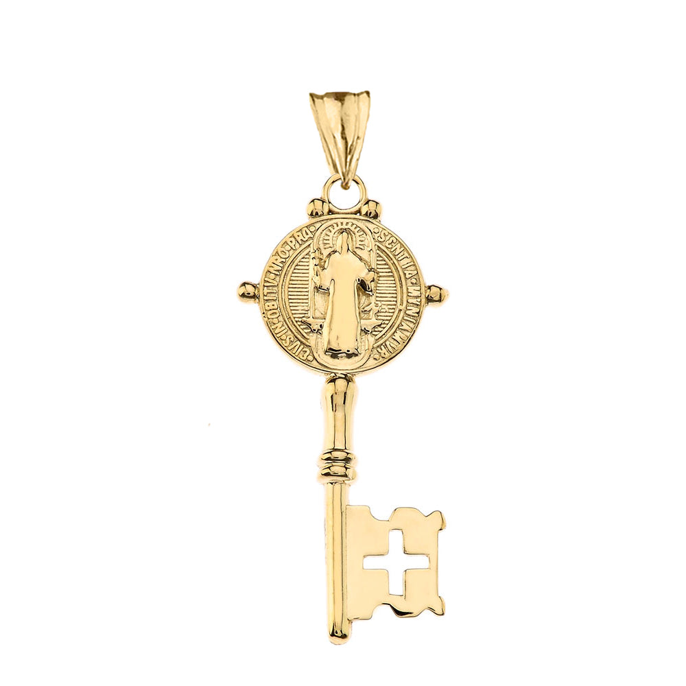 Gold Saint Benedict Double Sided Cross Key Pendant Necklace, view 2