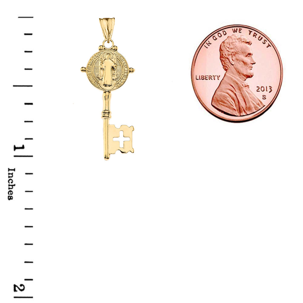 Gold Saint Benedict Double Sided Cross Key Pendant Necklace, view 3
