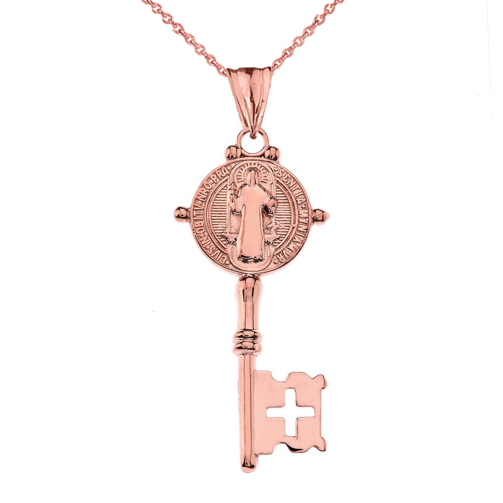 Gold Saint Benedict Double Sided Cross Key Pendant Necklace, view 7