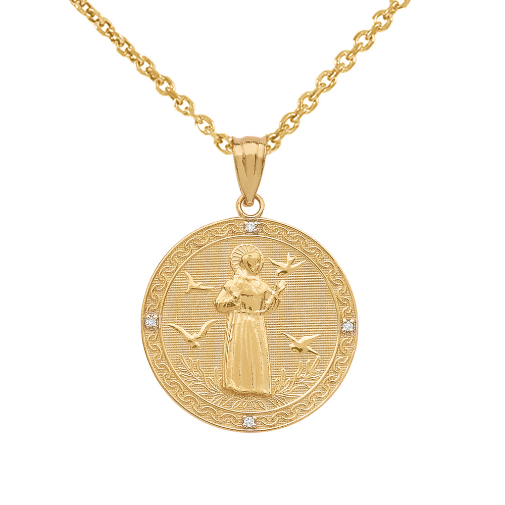Gold Saint Francis of Assisi Circle Engravable Medallion Diamond Pendant Necklace (Small)