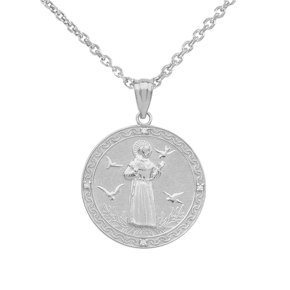 Gold Saint Francis of Assisi Circle Engravable Medallion Diamond Pendant Necklace (Small), view 3