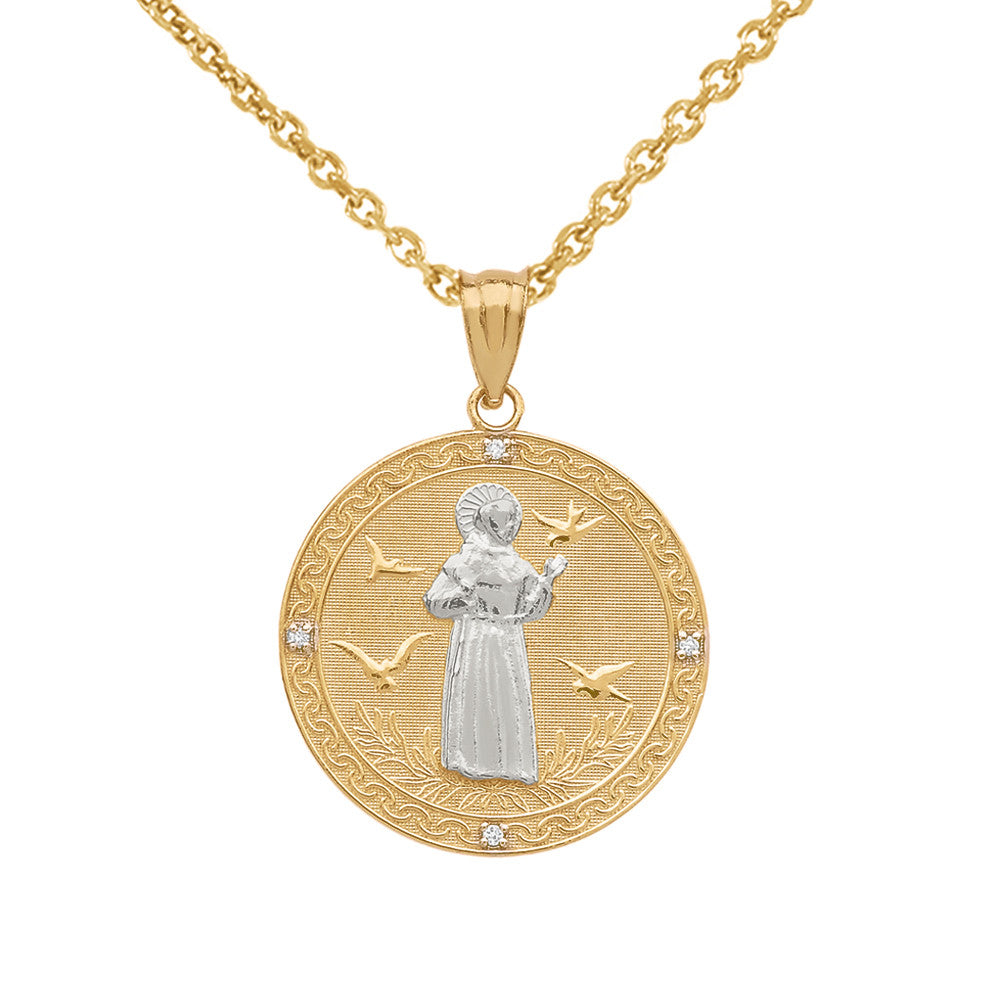 Gold Saint Francis of Assisi Circle Engravable Medallion Diamond Pendant Necklace (Small), view 4
