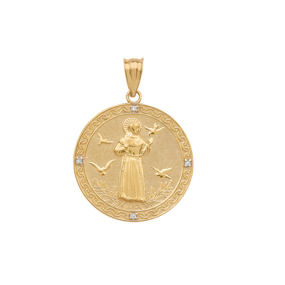 Gold Saint Francis of Assisi Circle Engravable Medallion Diamond Pendant Necklace (Small), view 6